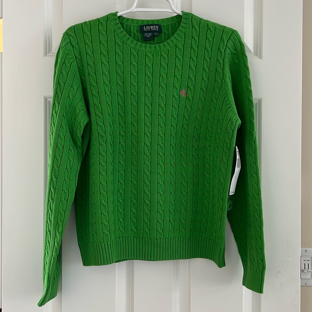 Women’s Ralph Lauren cable knit crew neck pullover sweater, green size large NWT